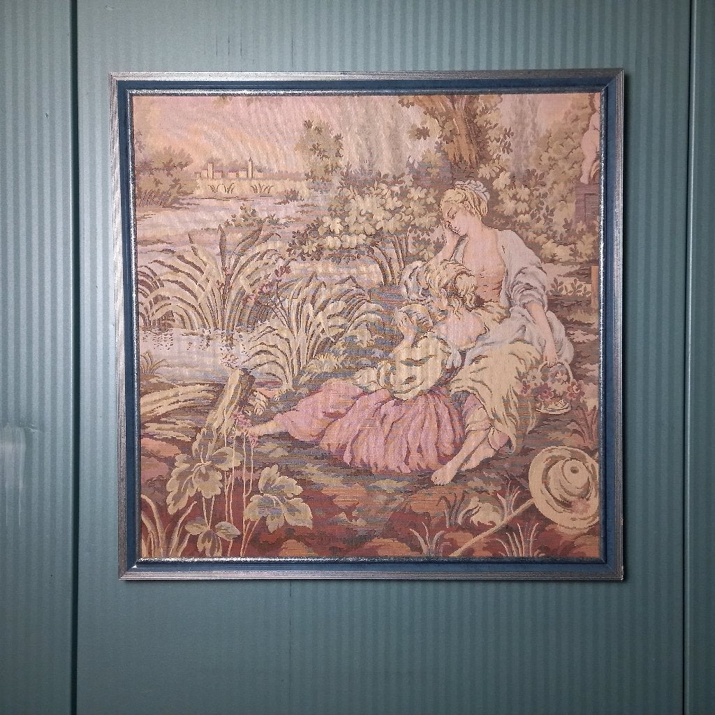 Antieke Italiaanse gobelin in metalen lijst, Antiek en Kunst, Ophalen of Verzenden