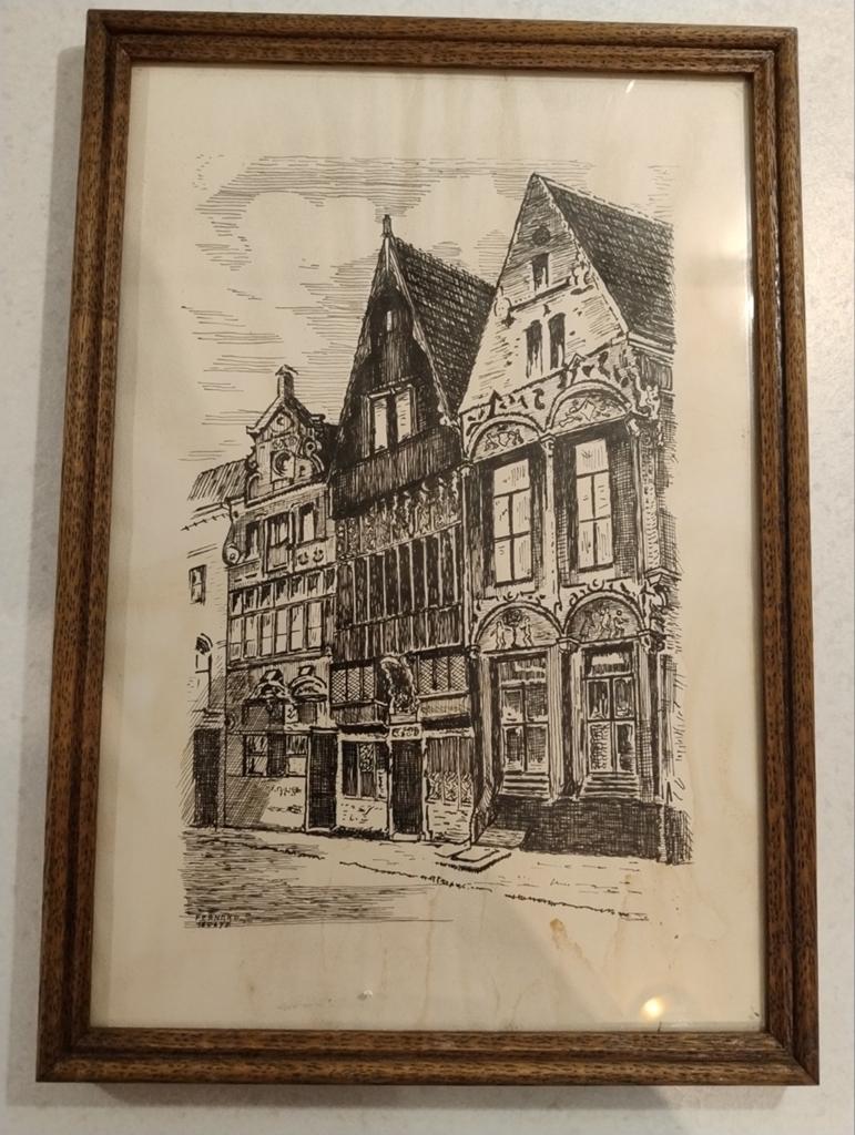 Oude tekening van historische gebouwen - gesigneerd Fernand, Antiek en Kunst, Ophalen of Verzenden