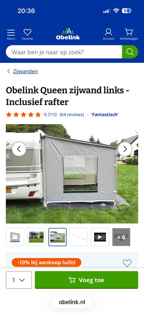 Obelink Queen zijwand links - Inclusief rafter, Caravans en Kamperen, Kampeeraccessoires, Nieuw, Ophalen of Verzenden