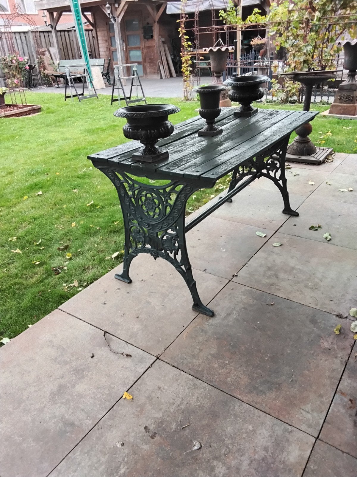 gietijzeren tafel met houten blad, Tuin en Terras, Tuintafels, Ophalen, Gebruikt, Rechthoekig, Hout