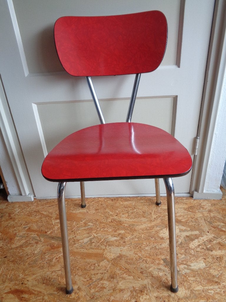 Rode Vintage Stoel Jaren 50 60 Formica, Huis en Inrichting, Stoelen, Gebruikt, Ophalen of Verzenden, Metaal, Eén