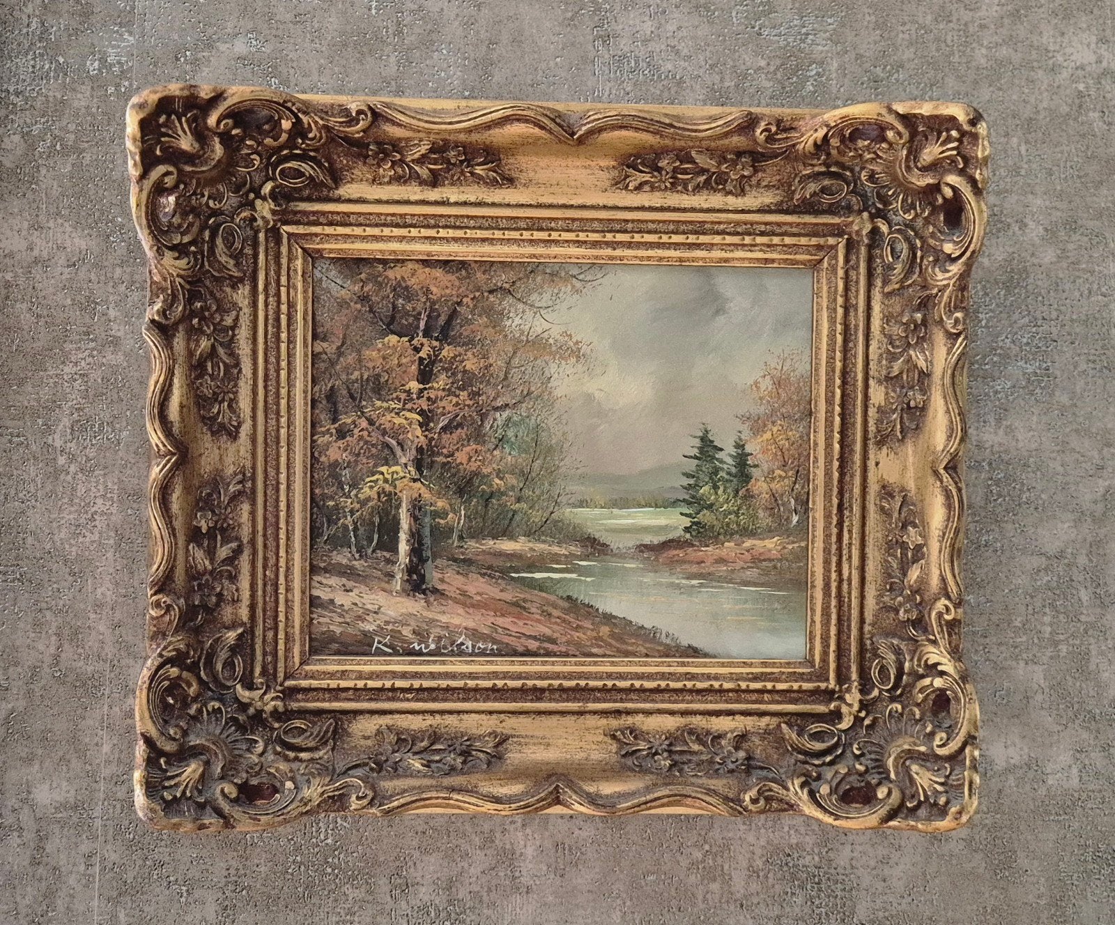Klein schilderij met barok lijst en herfst schildering, Ophalen
