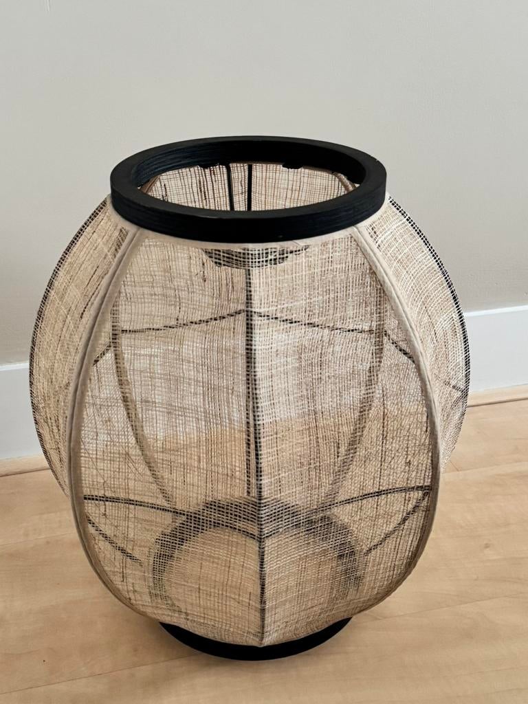 Japandi Lampenkap Naturel Linnen Zwart Hout, Ophalen, Zo goed als nieuw, Zwart, Rond