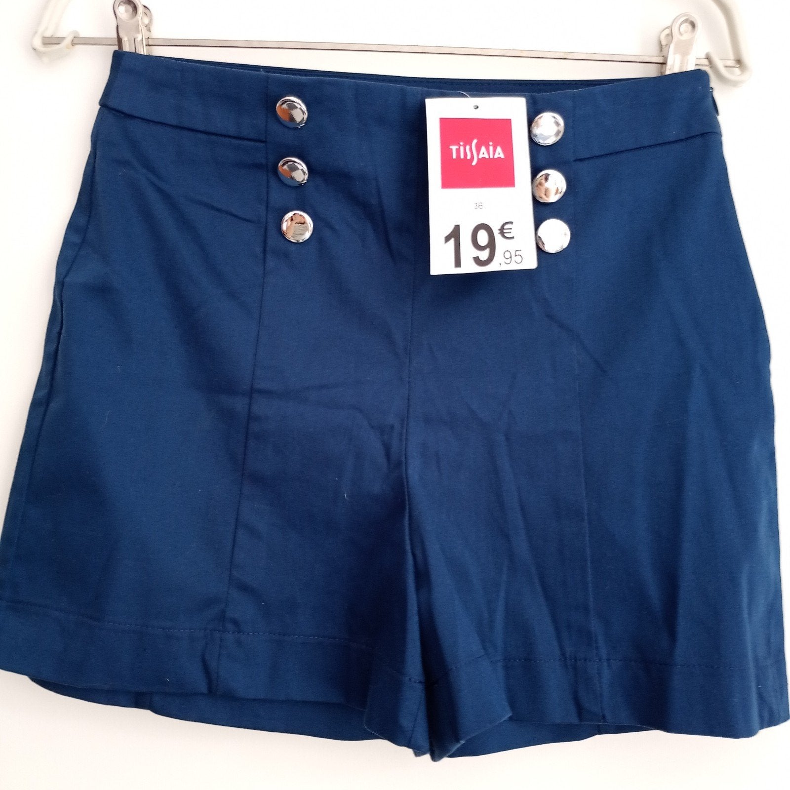Nieuwe Tissaia marineblauwe shorts met knopen, maat 36, Kort, Blauw, Nieuw, Ophalen of Verzenden