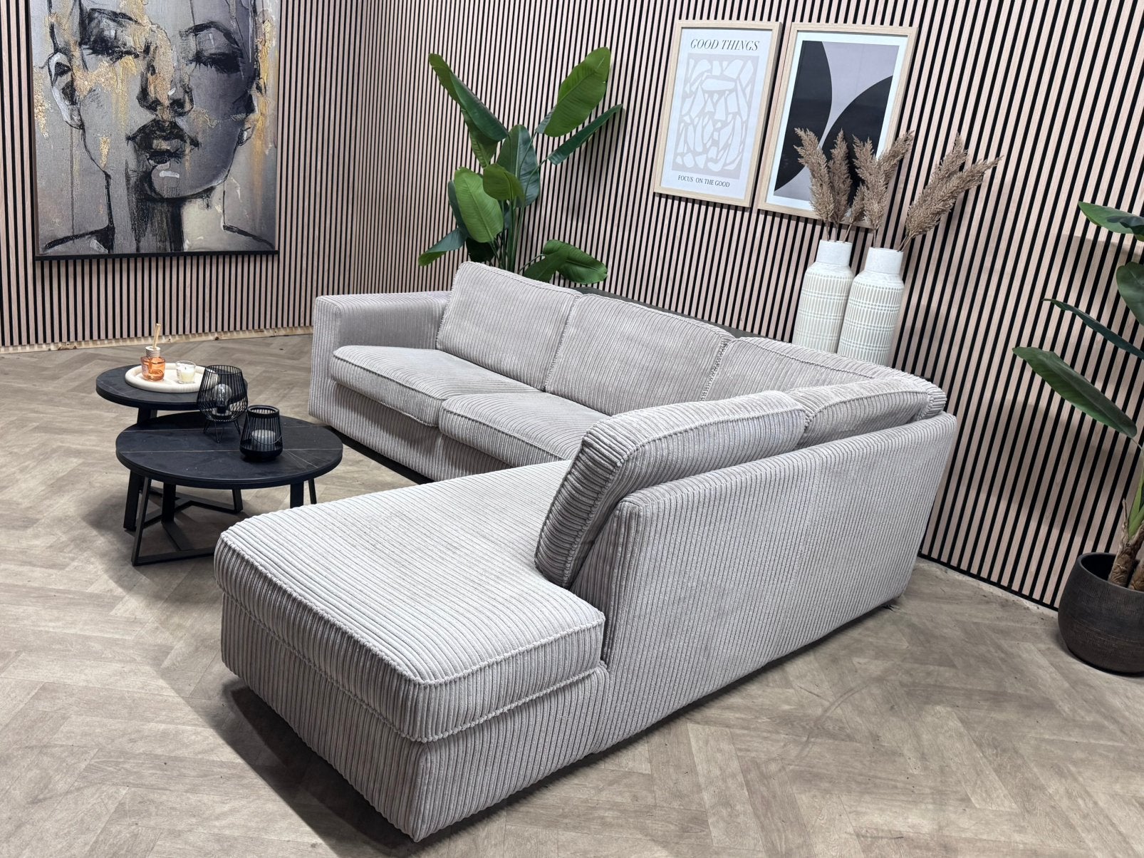 ZGAN Trendy Ribstof Hoekbank - Beige - 265 x 215, 250 tot 300 cm, -, -, Hoekbank