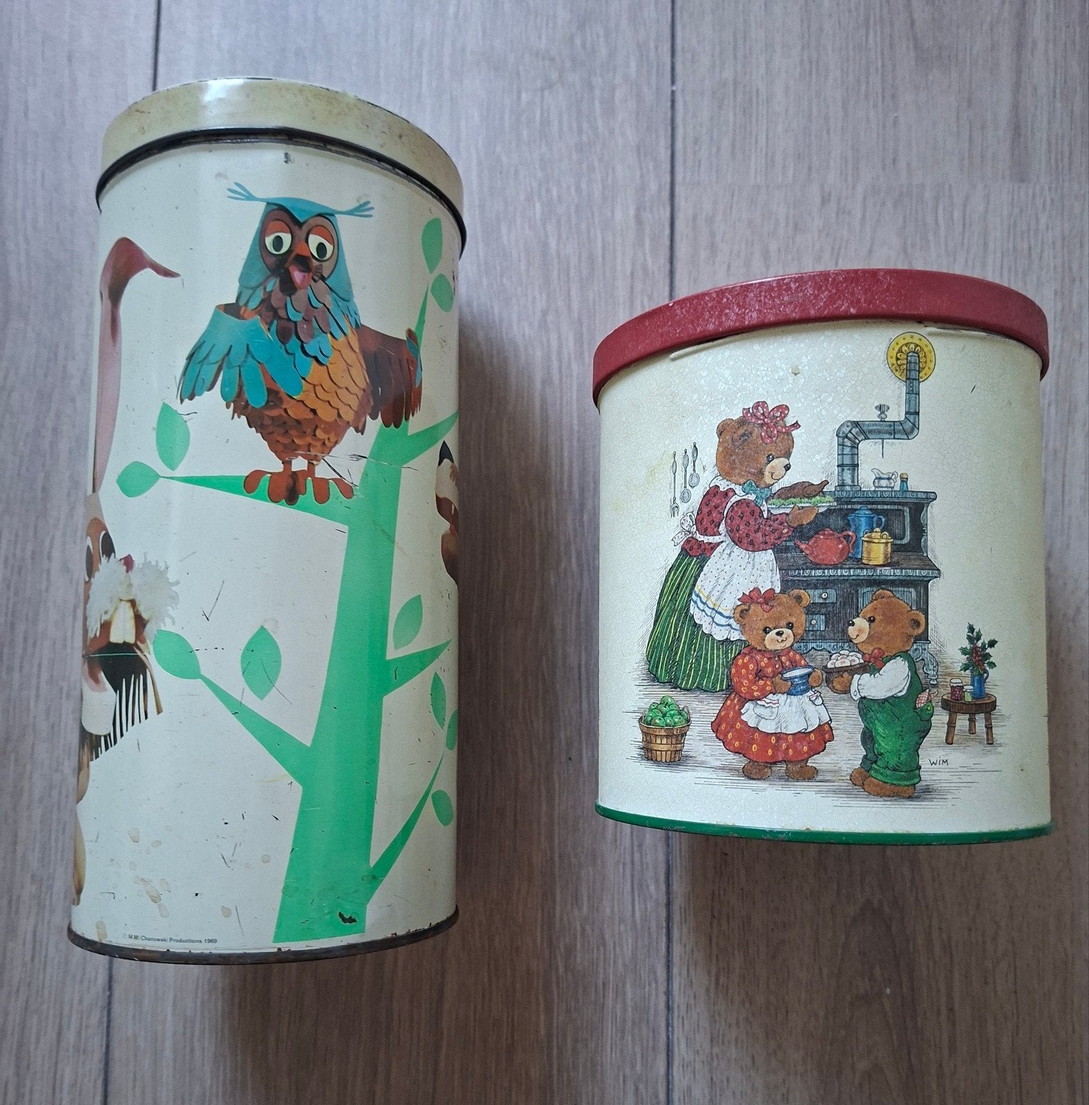 Vintage beschuitblik en voorraadblik met kinderillustraties, Verzamelen, Ophalen of Verzenden, Gebruikt, Koek(jes), Overige merken