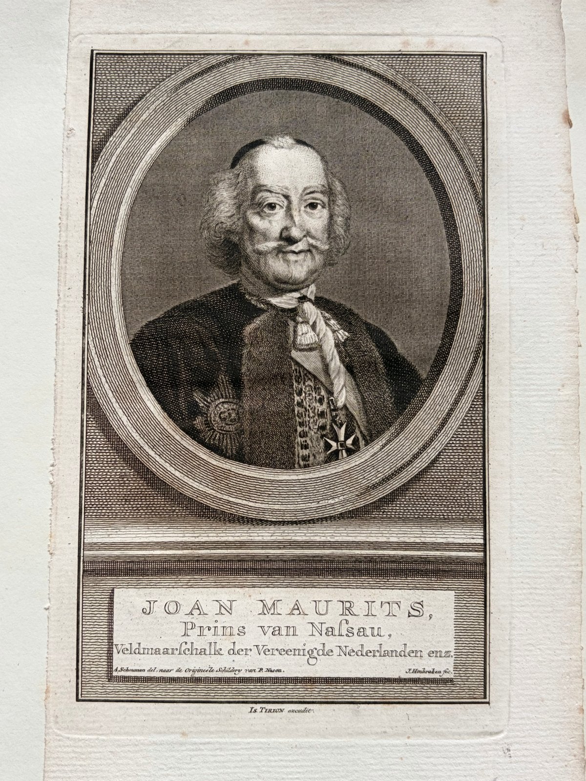 Kopergravure Joan Maurits van Nassau - J. Houbraken (1752), Ophalen of Verzenden, Gravure, Met tekst, 11 cm