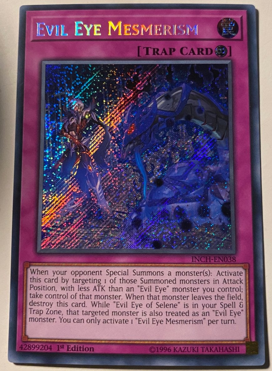 Yu-Gi-Oh! Evil Eye Mesmerism INCH 1st Edition !, Ophalen of Verzenden, Zo goed als nieuw, Losse kaart, Foil
