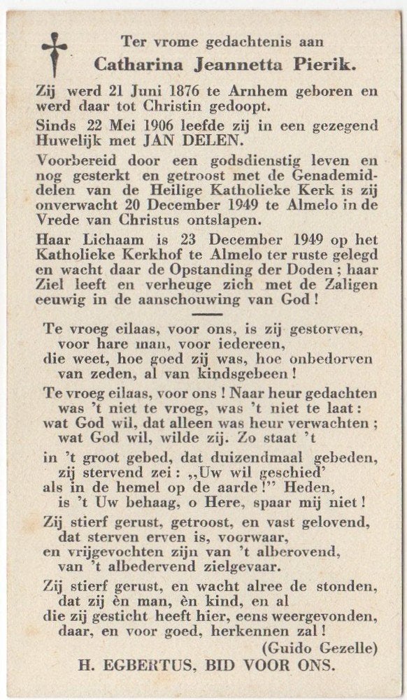Catharina J. Pierik 1876 Arnhem + 1949 Almelo, 73 jaar oud, Verzamelen, Bidprentjes en Rouwkaarten, Verzenden