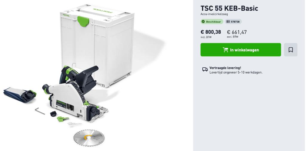 Festool TSC 55 KEB Accu invalzaag 18V nieuw € 390!, Doe-het-zelf en Verbouw, Gereedschap | Zaagmachines, Ophalen, Invalzaag, Nieuw