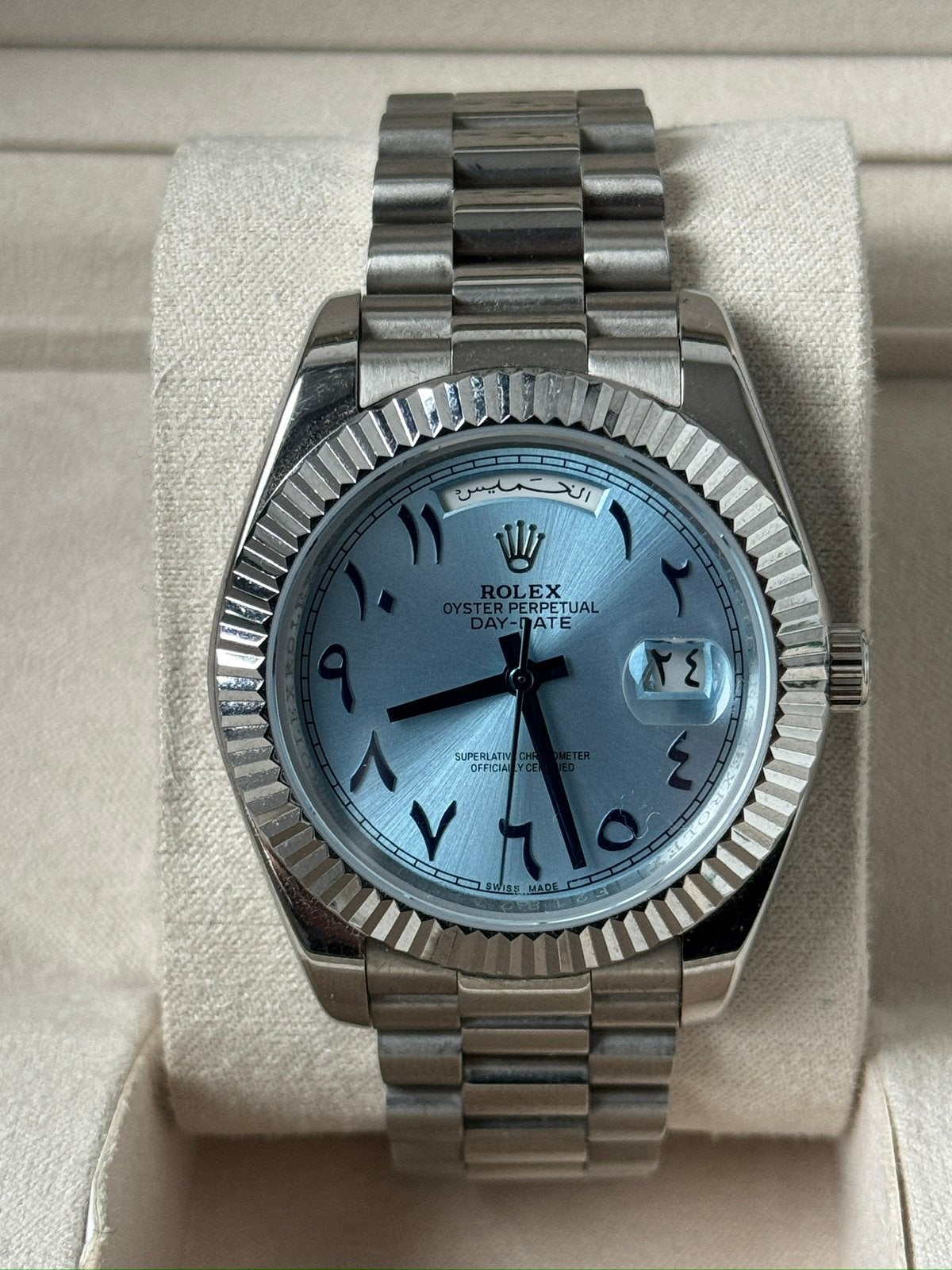 Rolex DayDate Ice Blue Arabic dial 40mm, Verzenden, Zo goed als nieuw, Staal, Rolex