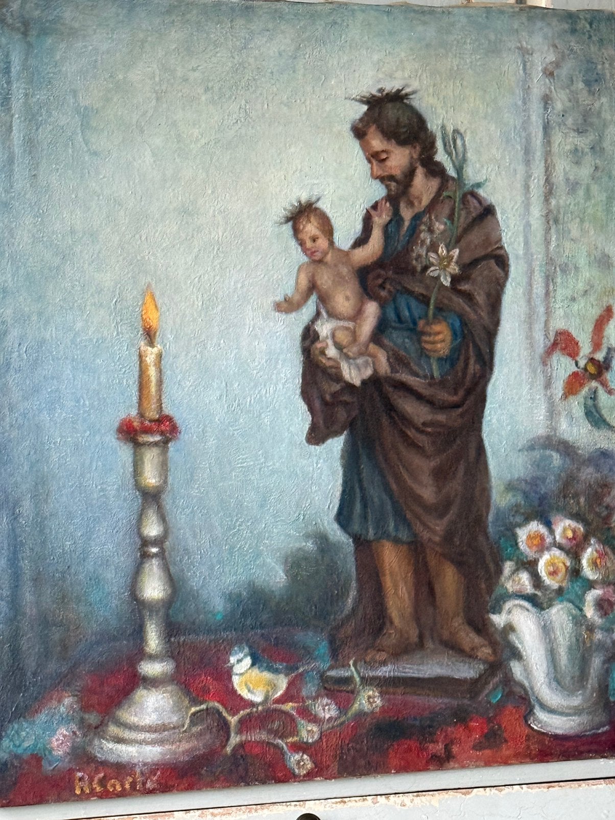 Antiek schilderij - Sint-Jozef met Kind Jezus, Ophalen of Verzenden