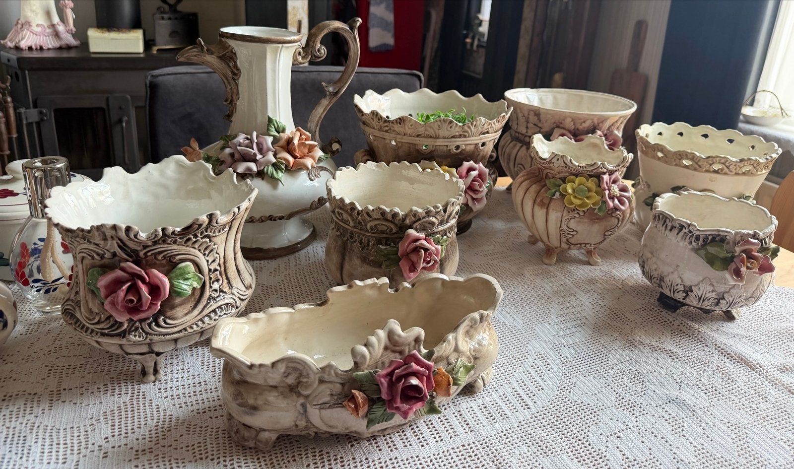 Vintage Keramische Bloempotten ..kannen  met Rozen, Antiek en Kunst, Ophalen of Verzenden