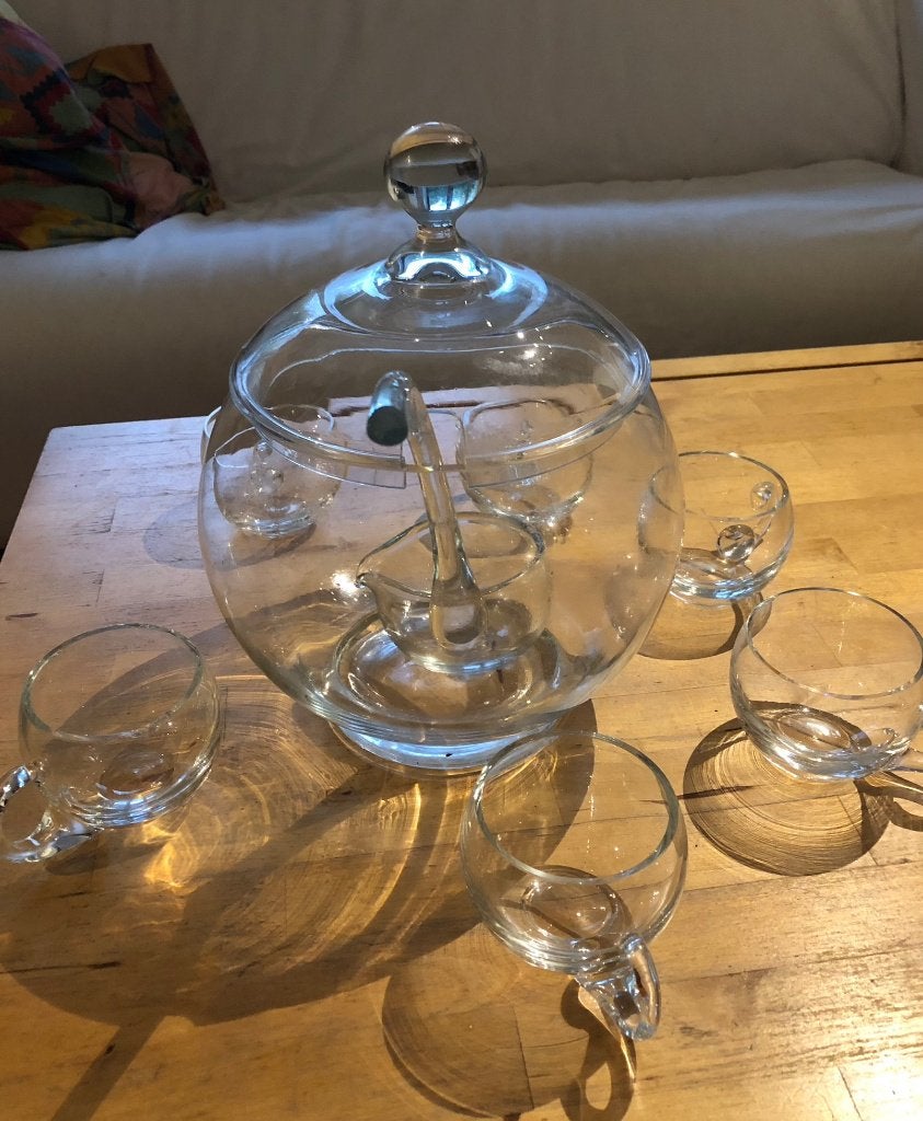 Grote schaal met deksel, lepel, 6 glaasjes - kristal, Krosno, Gebruikt, Ophalen of Verzenden, Overige stijlen, Glas