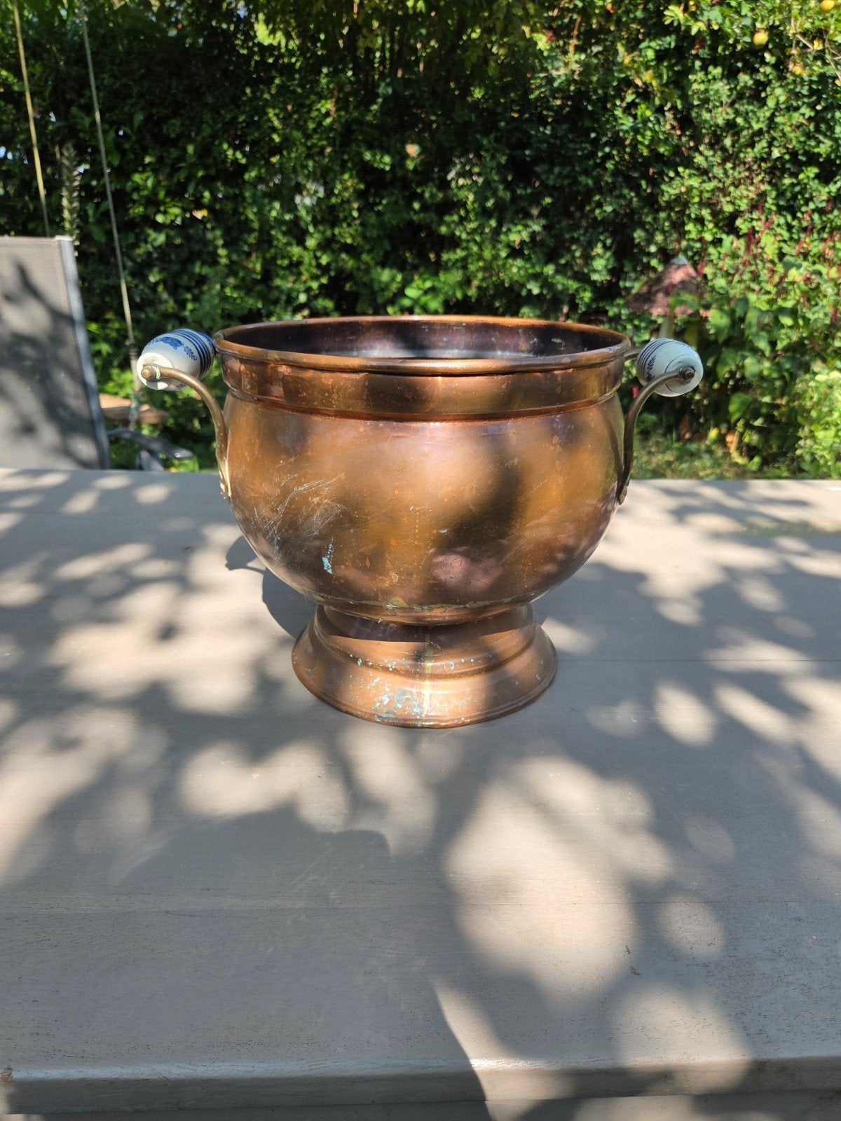 Antieke Koperen Pot met Delfts Blauwe Handvatten, Ophalen