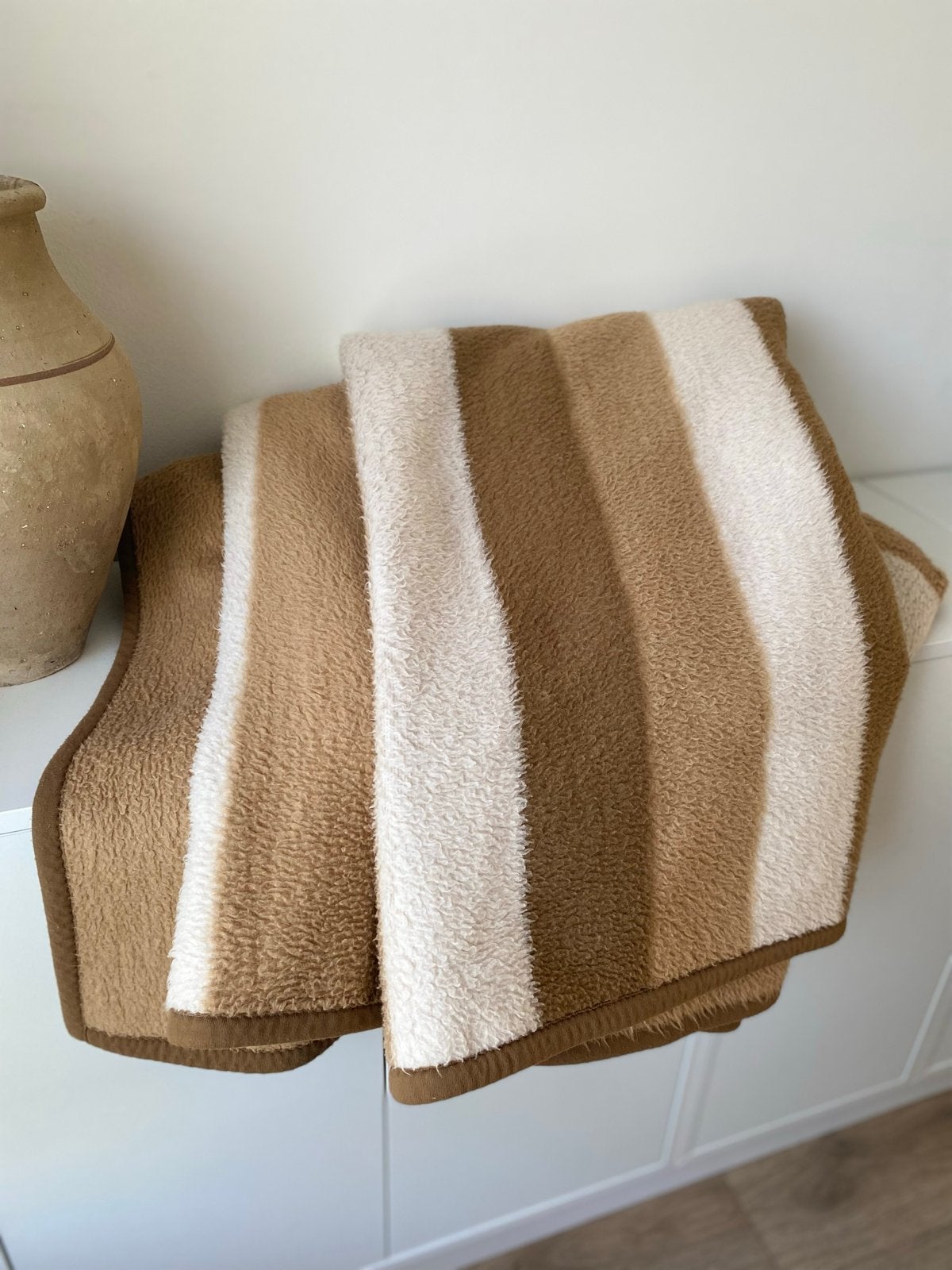 Vintage Borbo Dralon Plaid Deken - Bruin/Beige Gestreept, Huis en Inrichting, Acryl, Ophalen of Verzenden, Zo goed als nieuw, Plaid