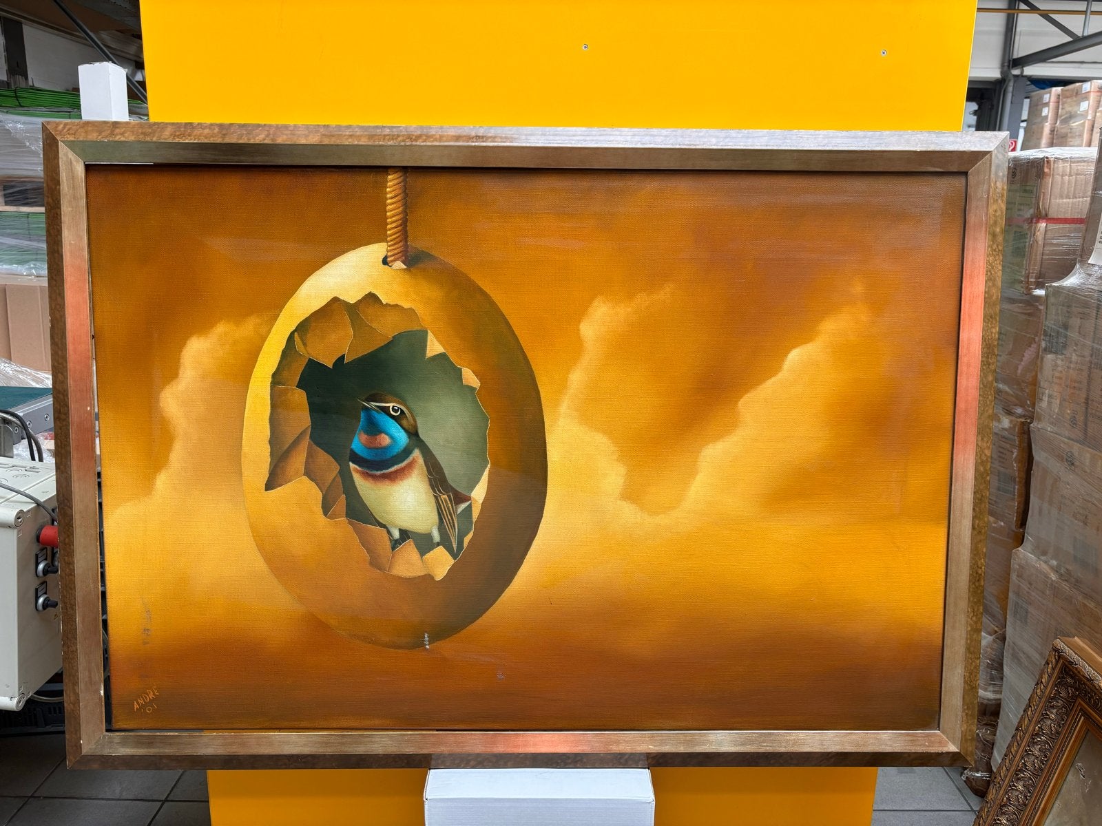 Groot schilderij André van Loon - Vogel in ei (90x130cm), Doek, Surrealisme, Dieren, Ophalen of Verzenden