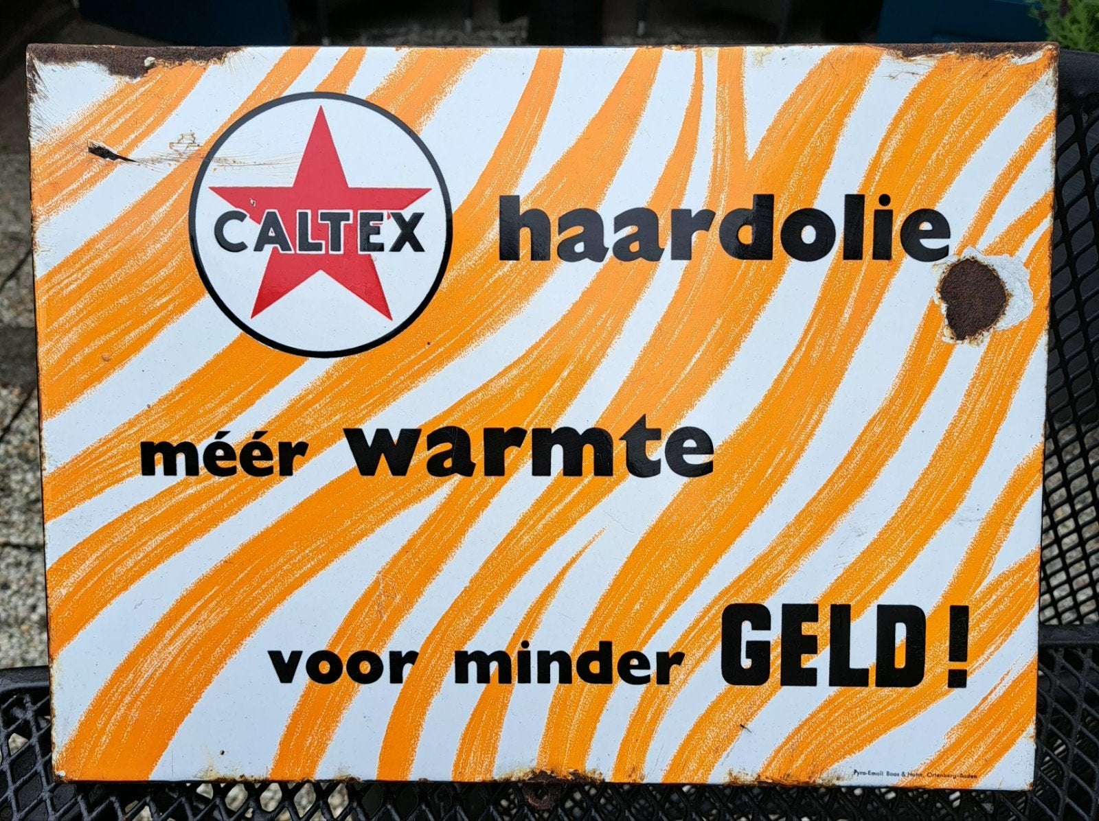 Uniek emaille Caltex bordje 60er jaren., Ophalen of Verzenden, Gebruikt, Reclamebord