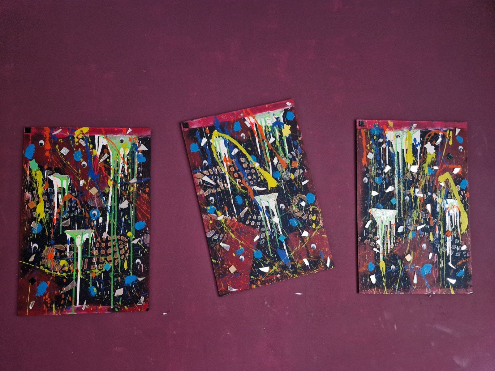 3 Zelfgemaakte Abstracte Schilderijen op Hout - 60x40cm, Ophalen