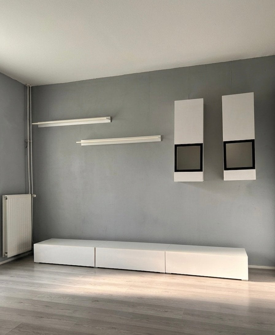 Witte tv meubel met wandkasten en planken, Ophalen, Gebruikt, 200 cm of meer, Minder dan 100 cm