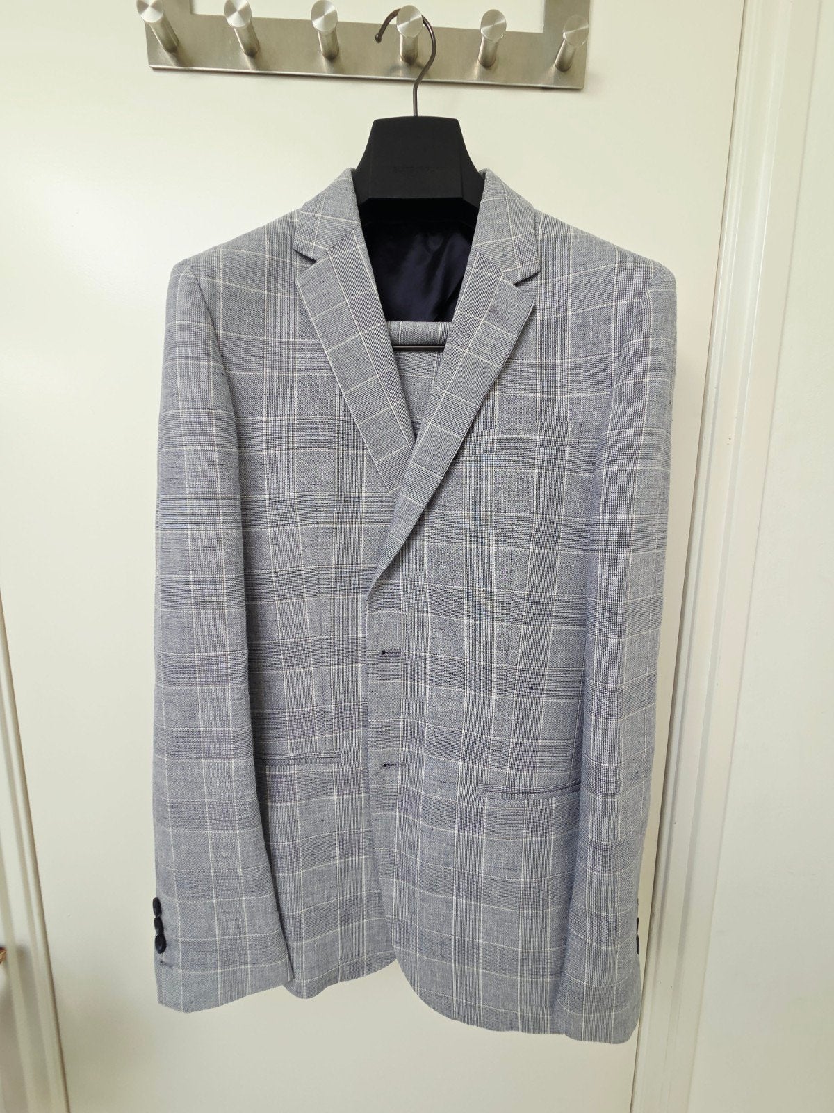 Reiss Blauwgrijs Geruit Pak - Katoen-Linnen - Maat 46, Kleding | Heren, Blauw, Ophalen of Verzenden, Zo goed als nieuw, Reiss
