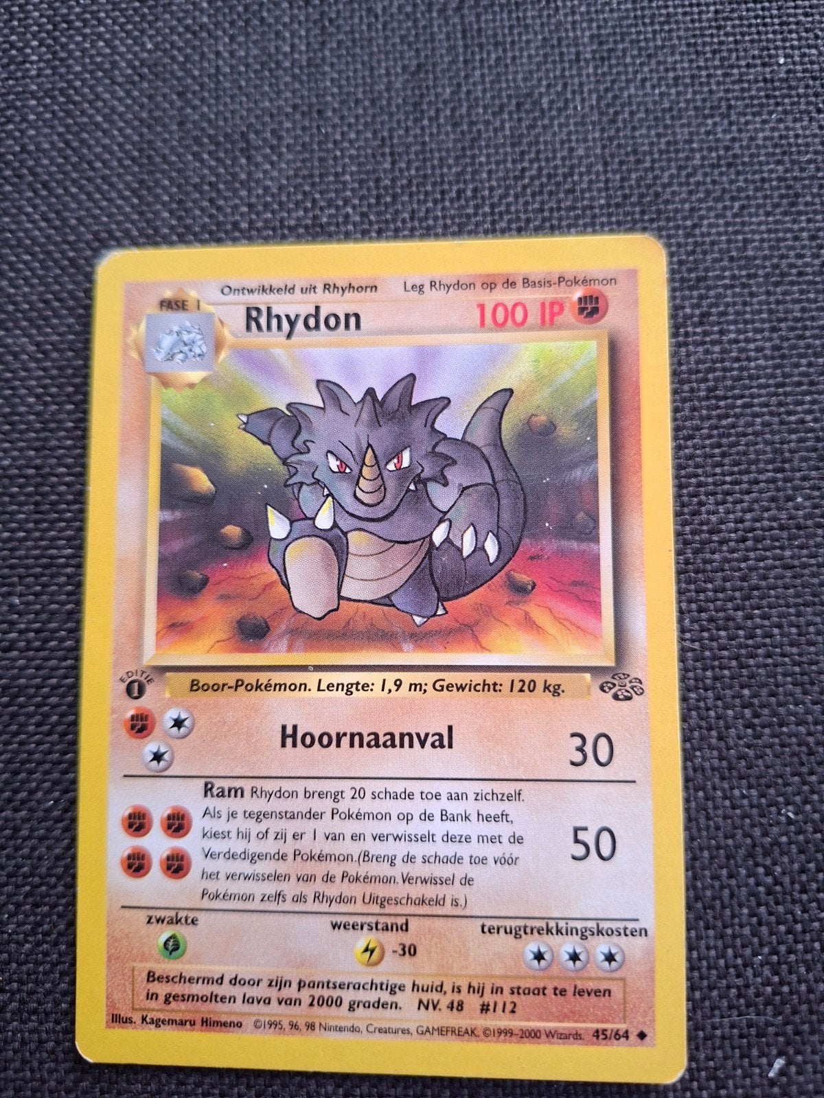 Rhydon Pokémon Kaart - Eerste Editie (Base Set), Ophalen of Verzenden, Gebruikt, Losse kaart
