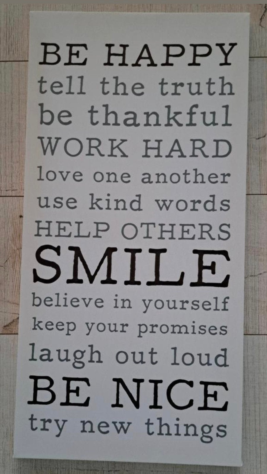 Wanddecoratie met inspirerende quotes - 'Be Happy', Schilderij, Textiel, Ophalen of Verzenden, Zo goed als nieuw