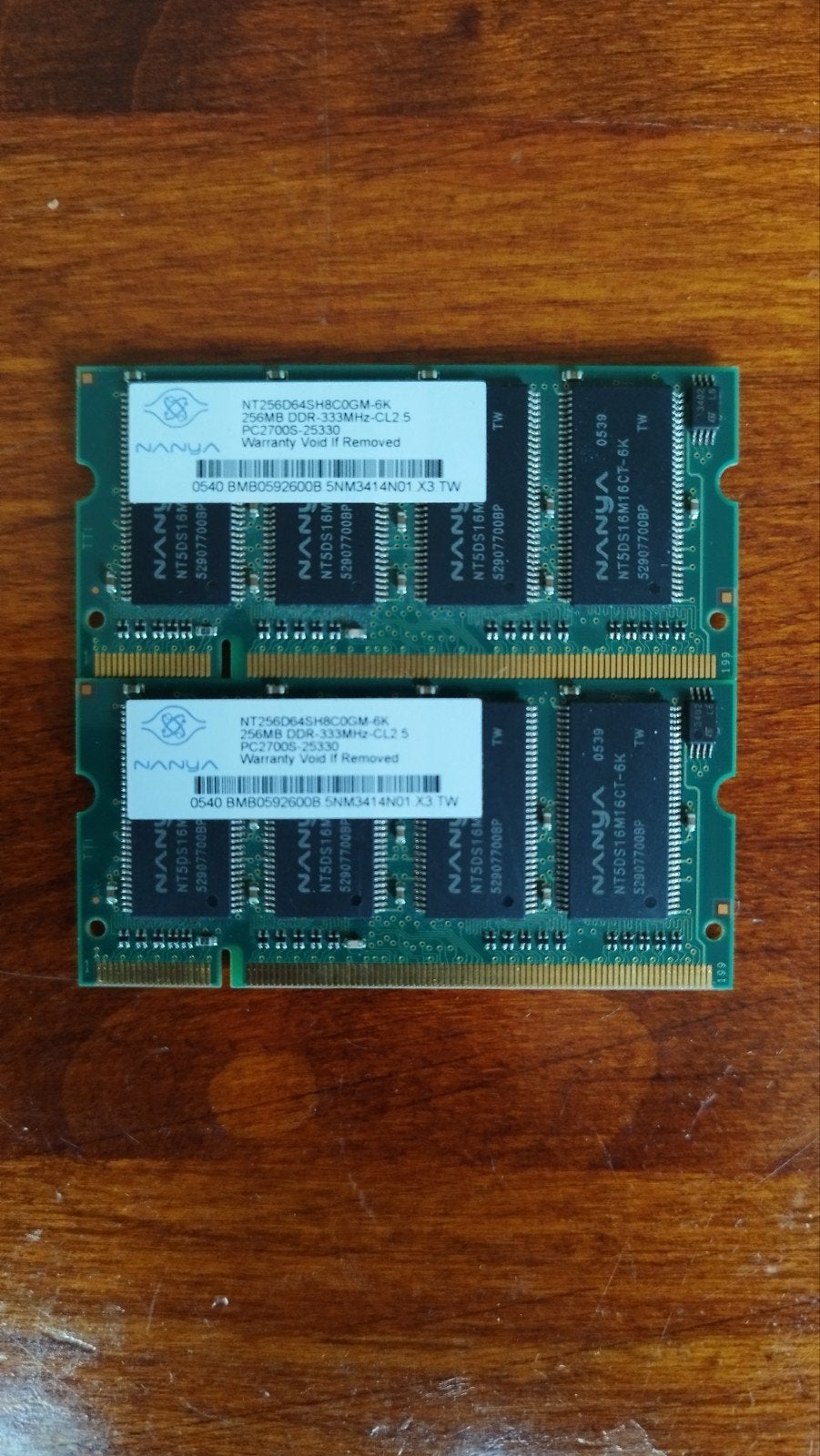 Nanya 2x 256MB DDR-333MHz PC2700S RAM Geheugen, Computers en Software, RAM geheugen, Gebruikt, Ophalen of Verzenden, DDR, Laptop