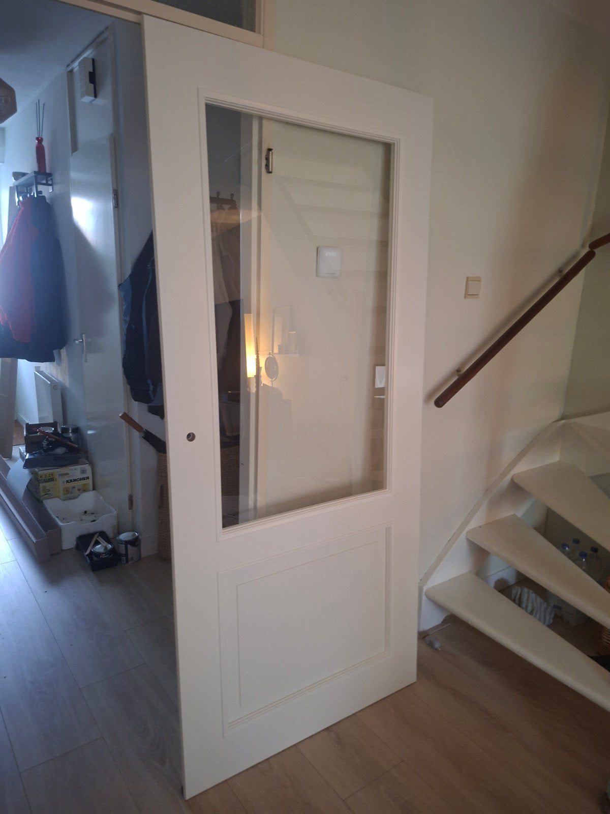 Nieuwe rechtsdraaiende opdekdeur met blank glas, Ophalen, 80 tot 100 cm, Binnendeur, Nieuw