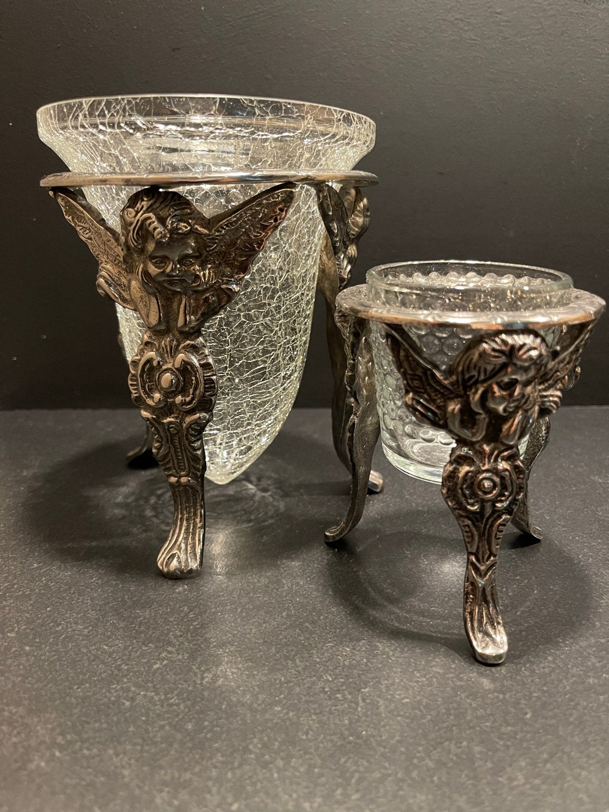 Vintage Verzilverde Engel glazen houder, met Craqueléglas, Antiek en Kunst, Ophalen of Verzenden, Zilver