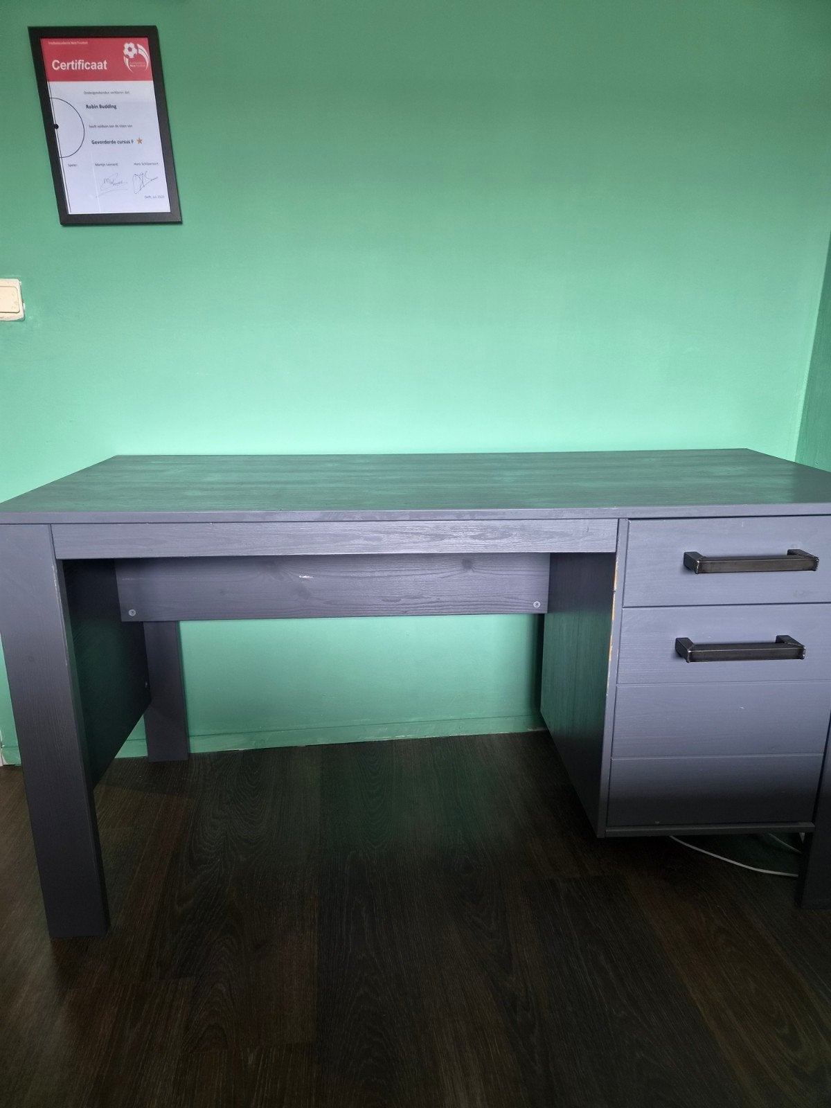 Grijs/blauw bureau met lades, Huis en Inrichting, Bureaus, Ophalen, Met lades, Gebruikt, Grijs