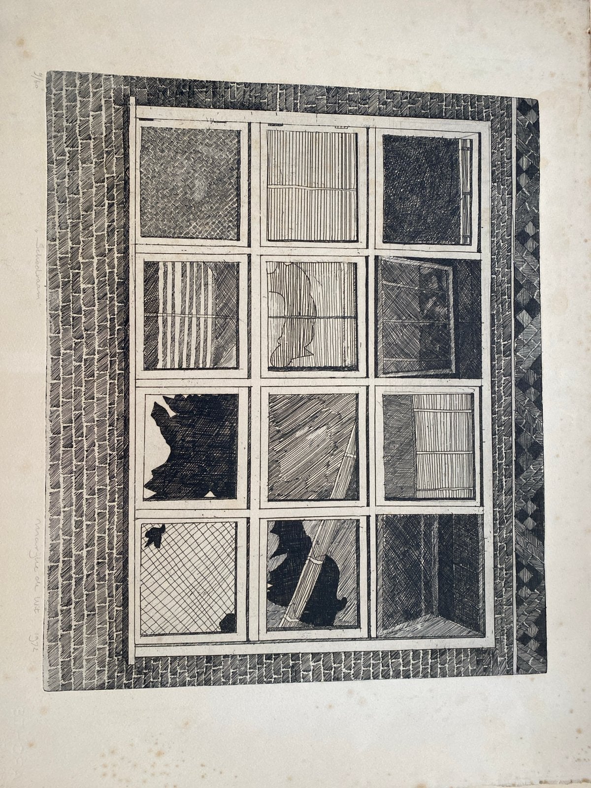 Marijke de Wit - Ets 'Schoolraam' (1972), Antiek en Kunst, Architectuur, Ophalen of Verzenden, 1950 - 1999, Genummerd