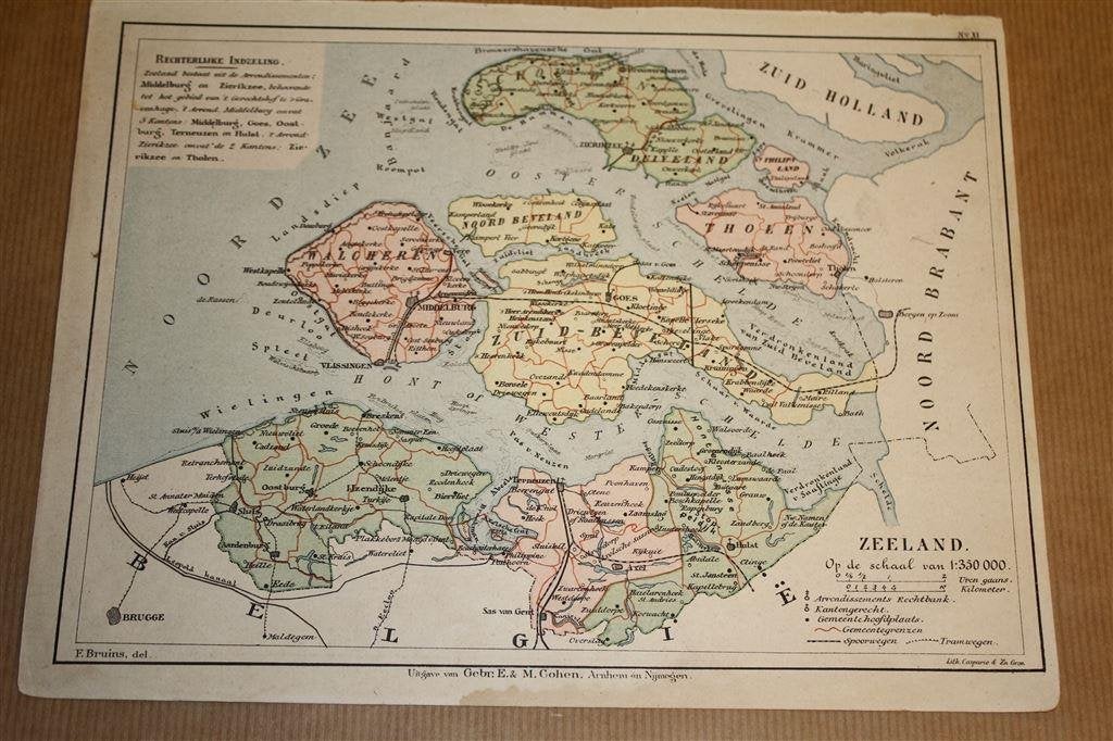 Antieke provinciekaart - Zeeland - Bruins 1895 !!, Boeken, Atlassen en Landkaarten, Gelezen, Ophalen of Verzenden, Landkaart, 1800 tot 2000