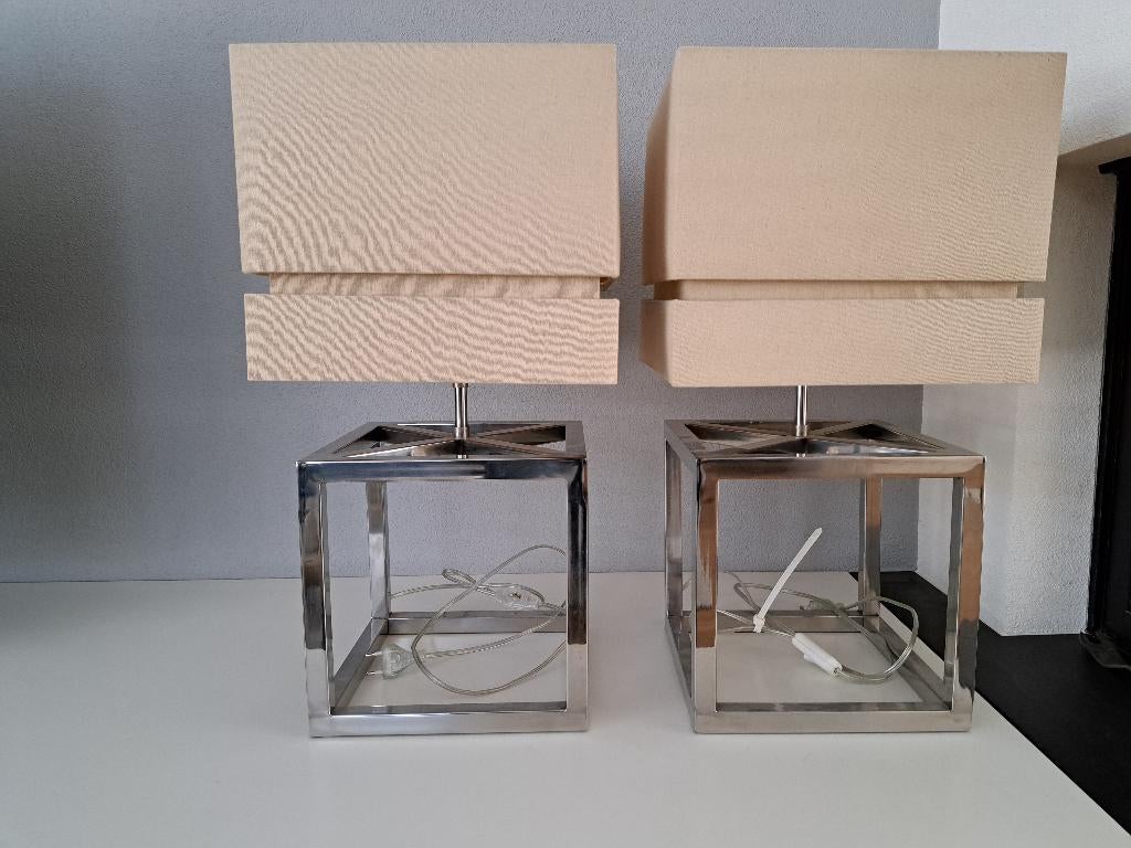 2x Tafellamp vierkant zilver/nikkel, Ophalen, Romantisch modern, 50 tot 75 cm, Zo goed als nieuw