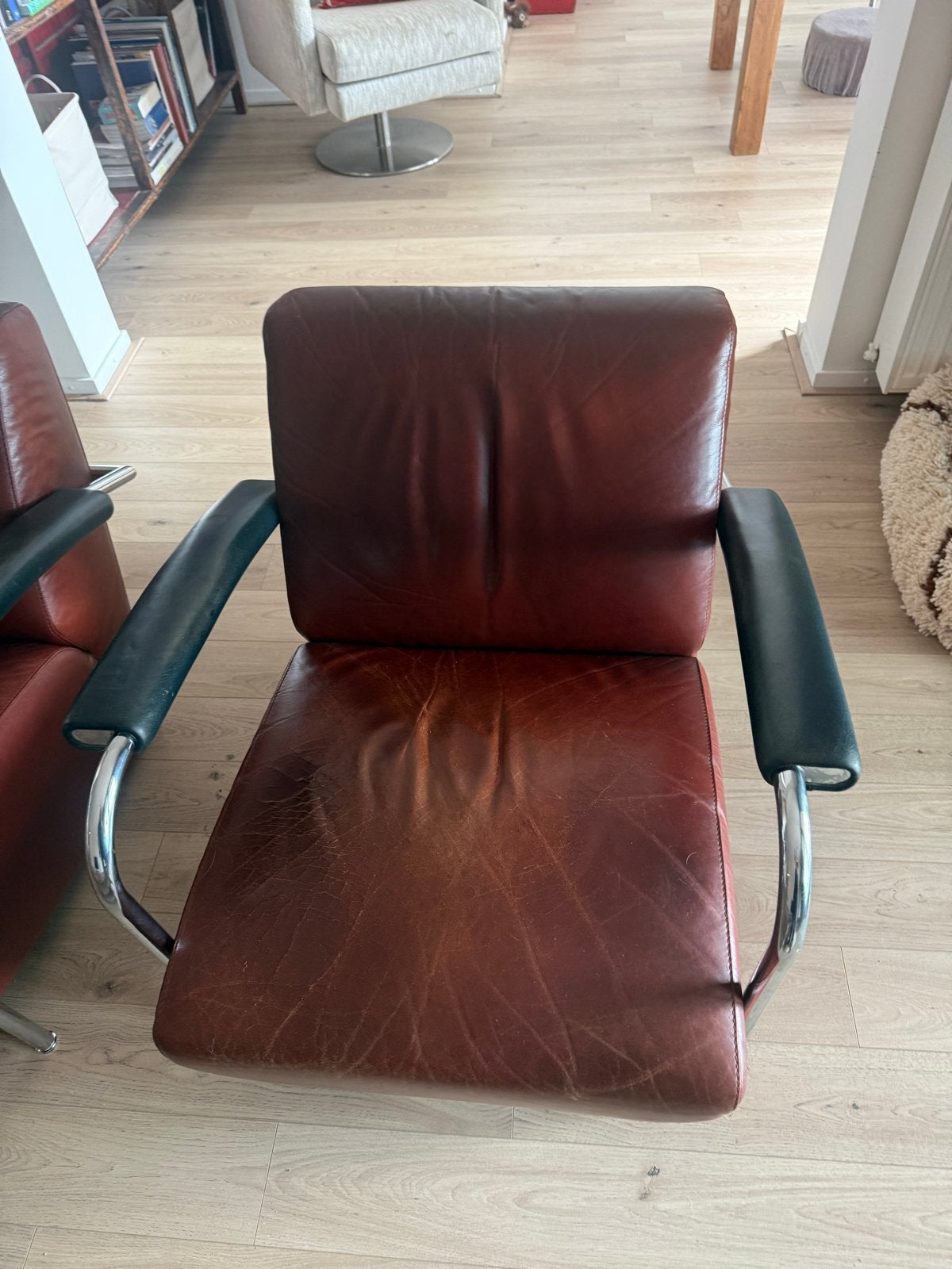 Vintage Leren Fauteuil - Bruin Leer met Chroom Frame, Ophalen, Gebruikt, Minder dan 75 cm, Leer