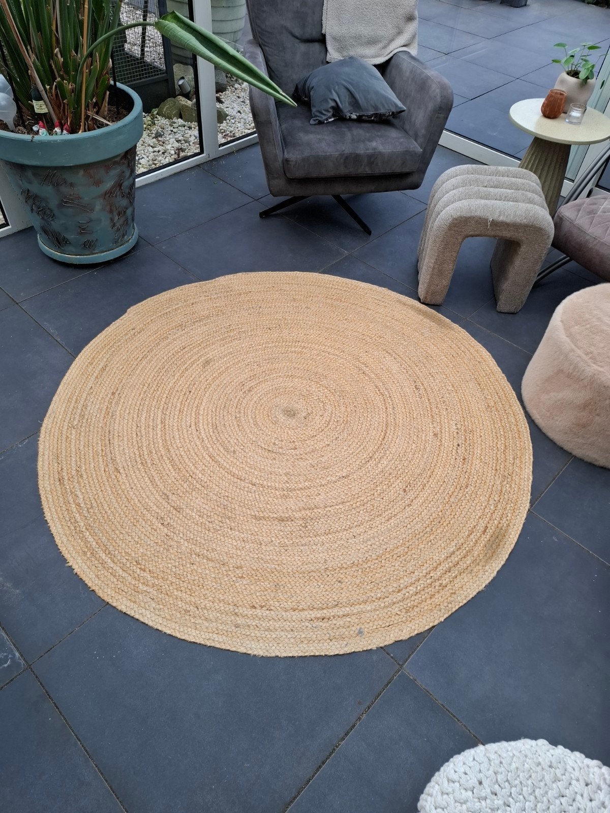 Rond jute kleed - doorsnede 153,5 cm, Gebruikt, 150 tot 200 cm, Rond, Ophalen of Verzenden