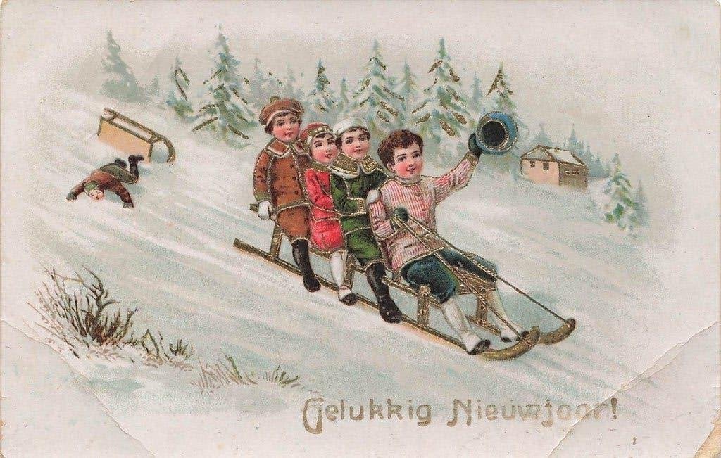 Nieuwjaarskaart, Kinderen op een slee  1922, Ophalen of Verzenden, 1920 tot 1940, Gelopen, Friesland