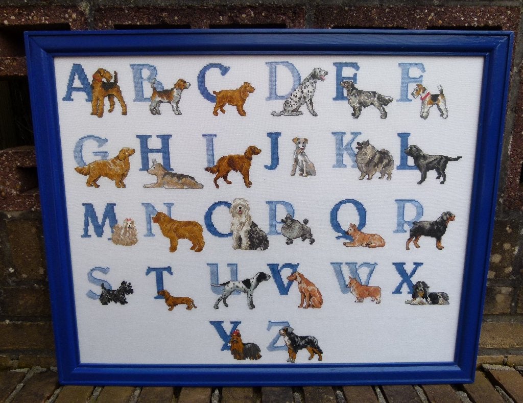 Uniek Geborduurd ABC Honden Alfabet Honden in Blauwe Lijst, Ophalen, Nieuw, Handborduren, Overige typen