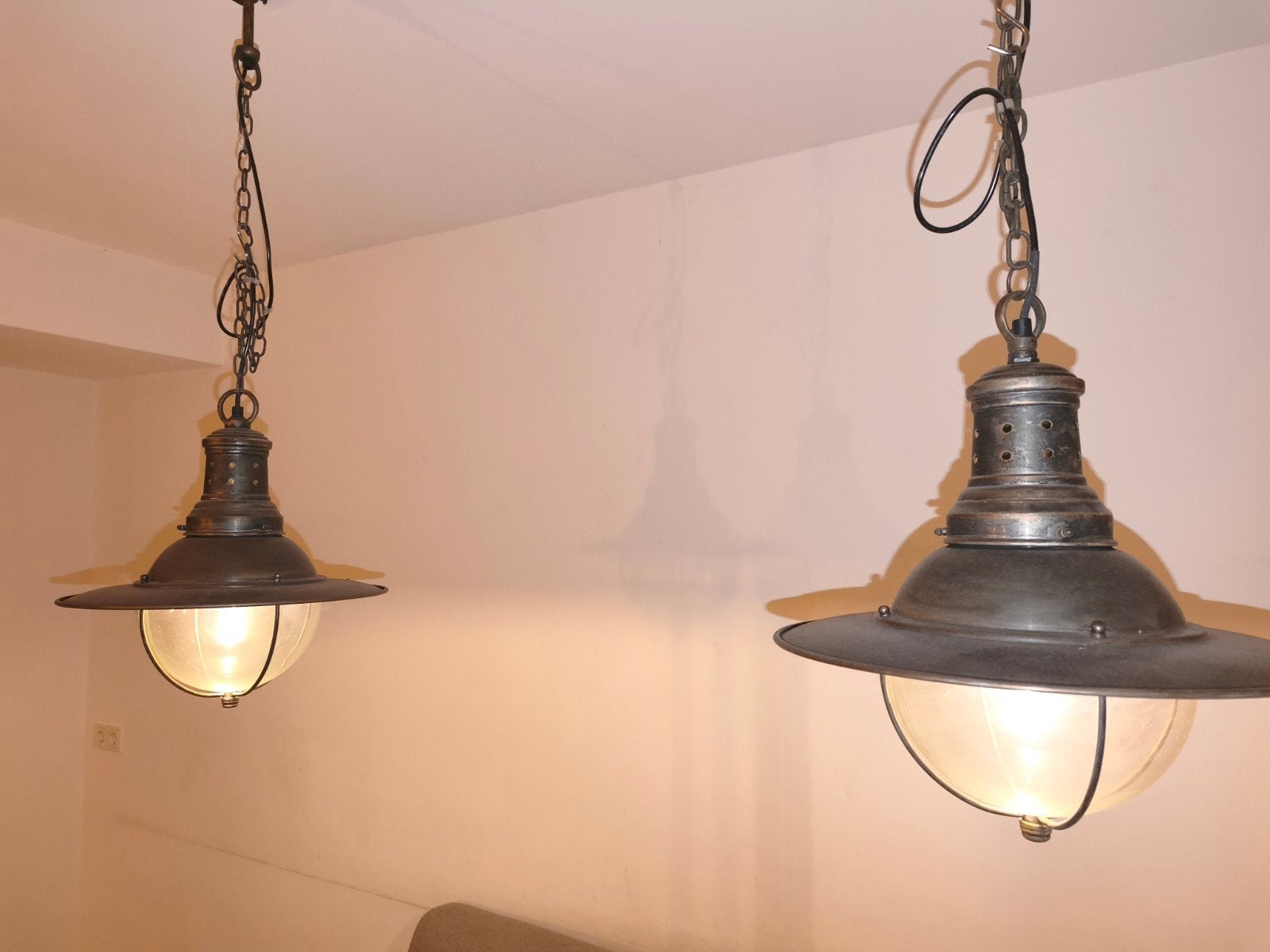 Industriële hanglamp - scheepslamp, Ophalen, E27 (groot), Zo goed als nieuw, Glas
