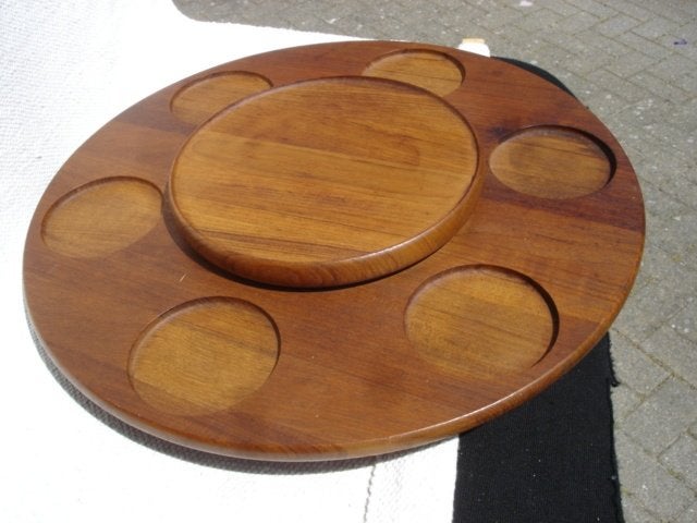 Deens design teak tray & Lazy Susan draai plateau Denmark, Hout, Ophalen of Verzenden, Gemerkt, 5 cm