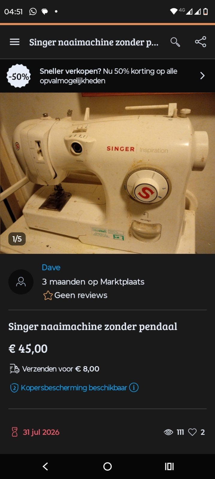 Singer naaimachine zonder pendaal, Ophalen of Verzenden, Zo goed als nieuw, Naaimachine, Singer
