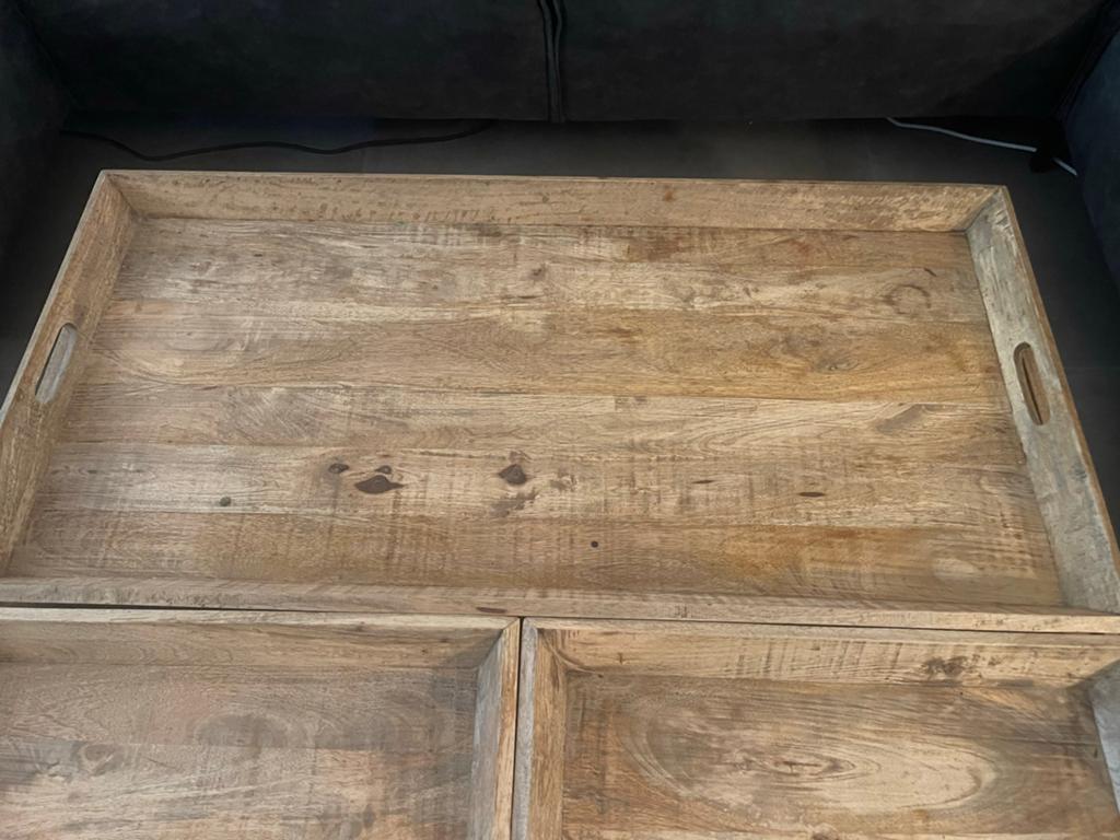 Salon  tafel van mango hout met stalen onderstel, Ophalen, 100 tot 150 cm, Vierkant, Zo goed als nieuw