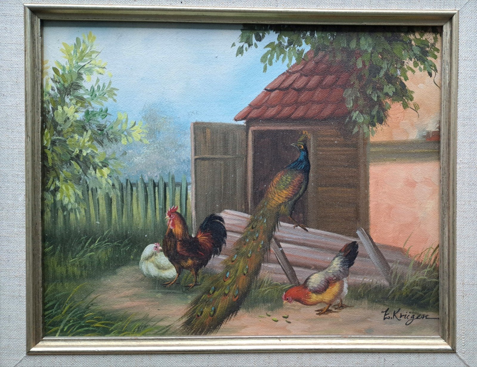 Prachtig schilderij van L. Krüger, boerderij erf, Ophalen of Verzenden