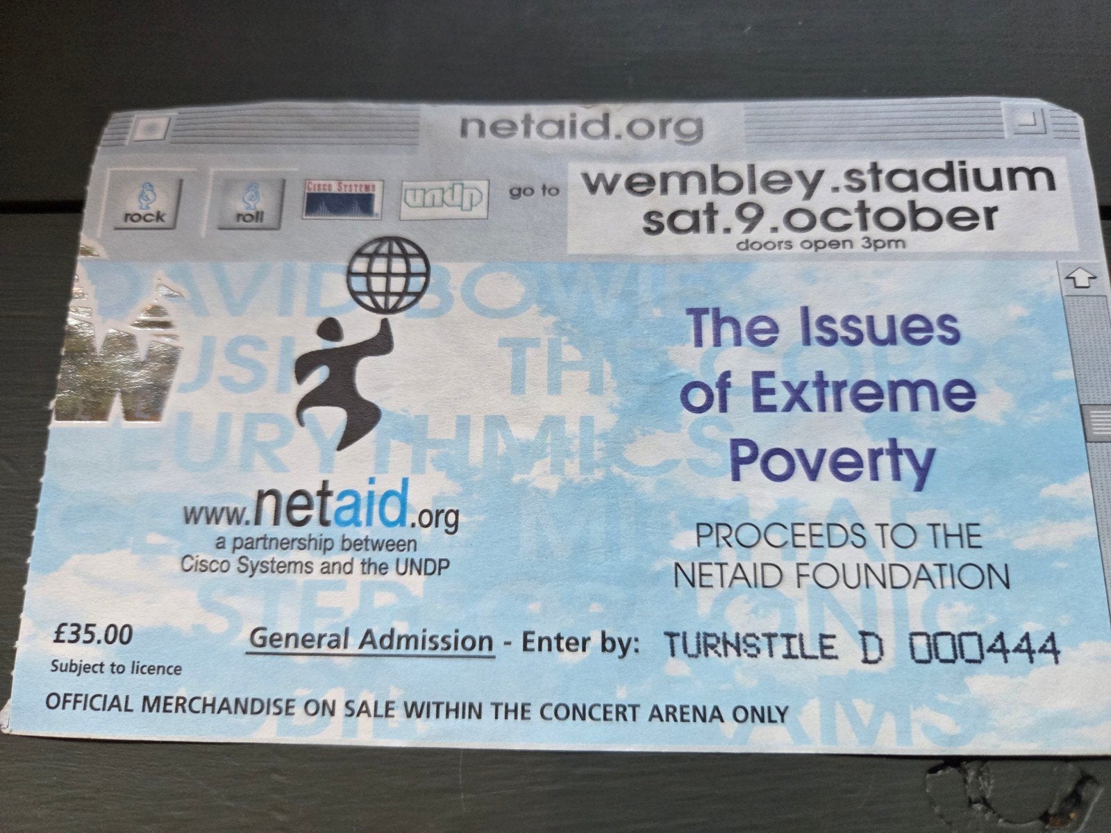 Netaid Wembley Stadium concertticket, Verzamelen, Ophalen of Verzenden, Zo goed als nieuw, Overige typen