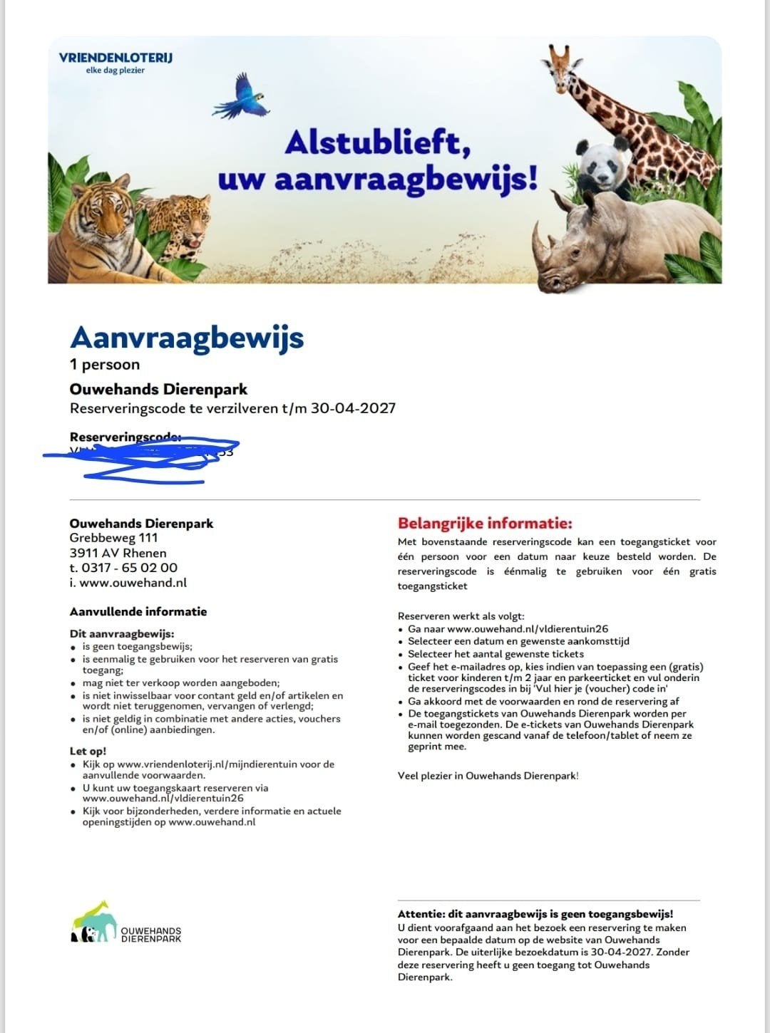 1x ouwe hands dierenpark Rhenen, Tickets en Kaartjes, Eén persoon, Ticket of Toegangskaart