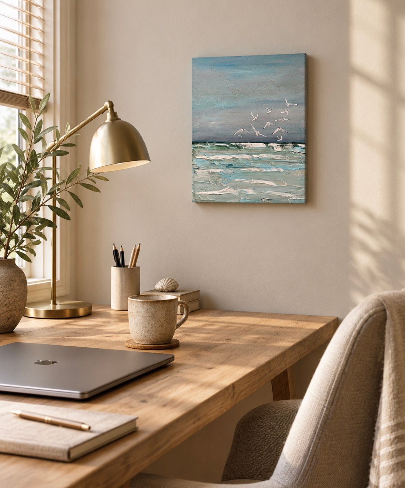 Zeezicht, aan de kust, meeuwen, zee schilderij, atelier, Ophalen of Verzenden, Zo goed als nieuw, Schilderij