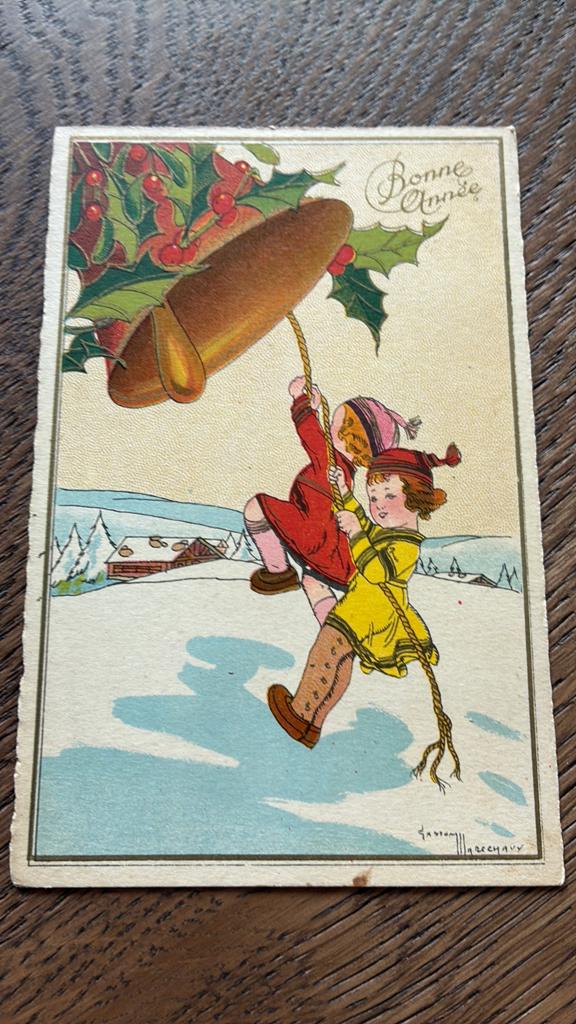 Nieuwjaar. Kinderen luiden klok. Goudopdruk, sneeuw, hulst, Ophalen of Verzenden, 1940 tot 1960, Kinderen