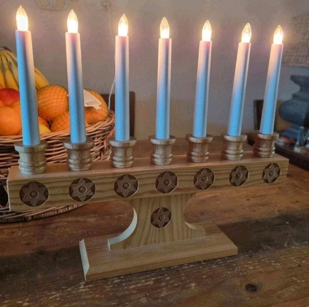 Vintage jaren 60/70 kaarsenstandaard hout kerst raam lampjes, Ophalen, Zo goed als nieuw