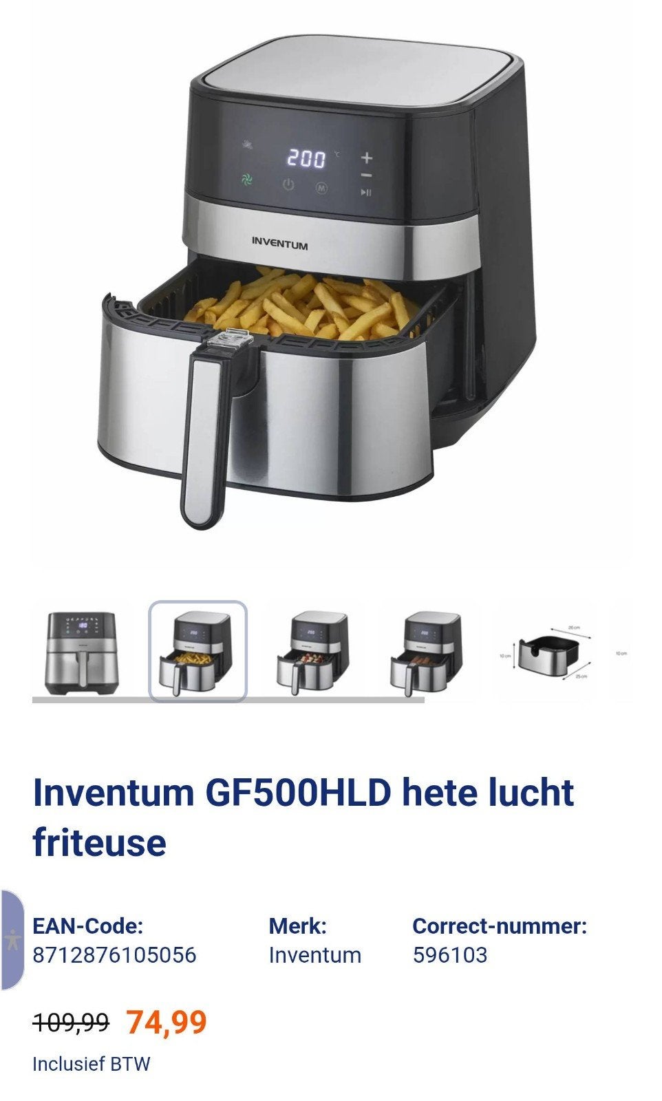 Inventum GF500HLD Heteluchtfriteuse - 5L, 1700W, 4 liter of meer, Ophalen of Verzenden, Gebruikt, Uitneembare binnenpan