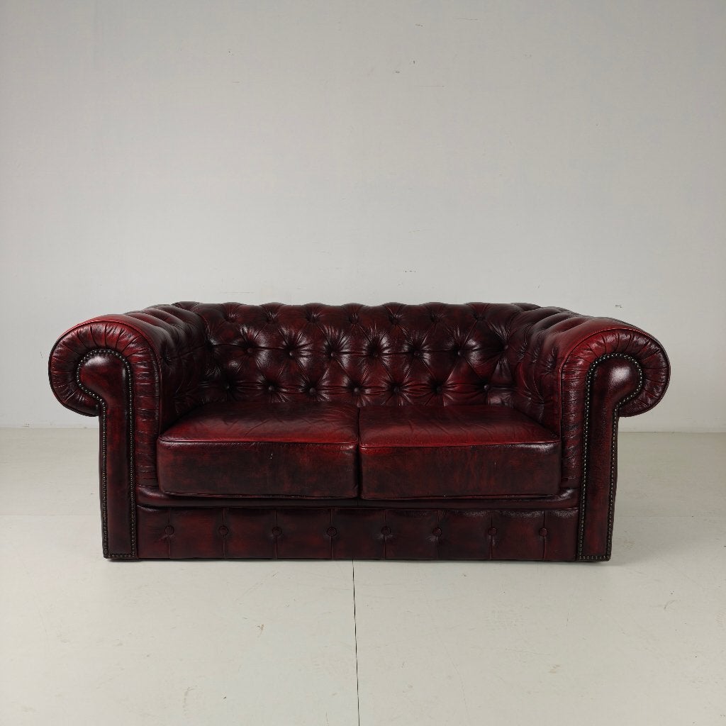 Rode Chesterfield 2-zitsbank – Oxblood leer, Ophalen of Verzenden
